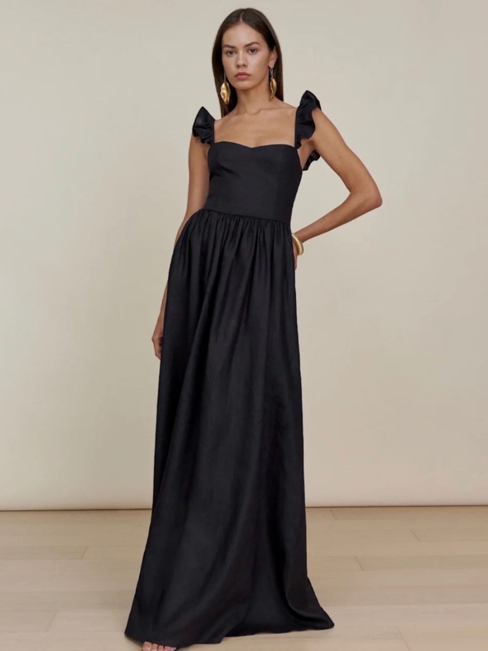 Reformation Vecchio Tie-Back Ruffled Black Linen Maxi Dress, Size 10